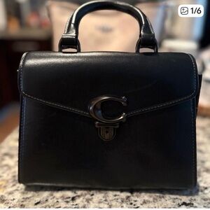 Black Leather Top-Handle Satchel with Signature C Accent